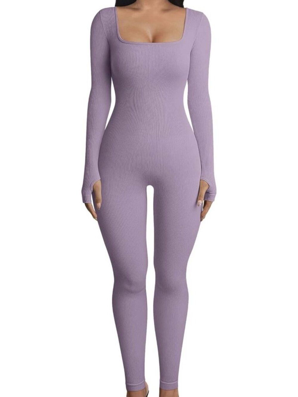 OQQ Purple Ribbed Square Neck Full Length Yoga Bodysuit Thumb Holes New S